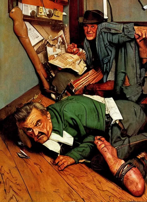 Image similar to dennis hopper crawling around on the floor of a dingy apartment, painted by norman rockwell and tom lovell and frank schoonover and everett raymond kinstler, green, dystopian