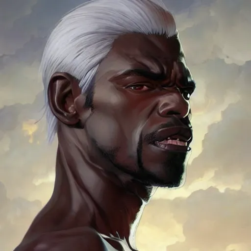 Prompt: wow, fanart hideous muscular black man with white hair and a protruding jaw with visible pectoral muscles, detailed, digital art, artstation, smooth, sharp focus, art by artgerm, greg rutkowski, alphonse mucha