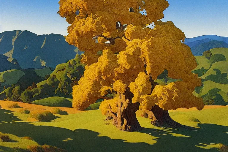 Prompt: masterpiece painting of california hills in the summer, by a. j. casson and john watkiss and edward okun and erin hanson and dan munford and maxfield parrish and j. c. leyendecker and andreas rocha, oak trees and dry grass, dramatic lighting