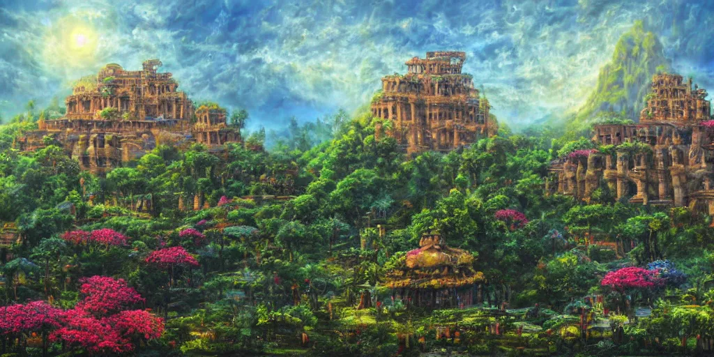 Prompt: fantasy oil painting, regale, refined, fortress mega structure city, antep, argos, indore, ellora, hybrid, looming, small buildings, warm lighting, street view, overlooking, epic, lush plants flowers, rainforest mountains, bright clouds, luminous sky, outer worlds, cinematic lighting, michael cheval, david palladini, oil painting, natural tpose