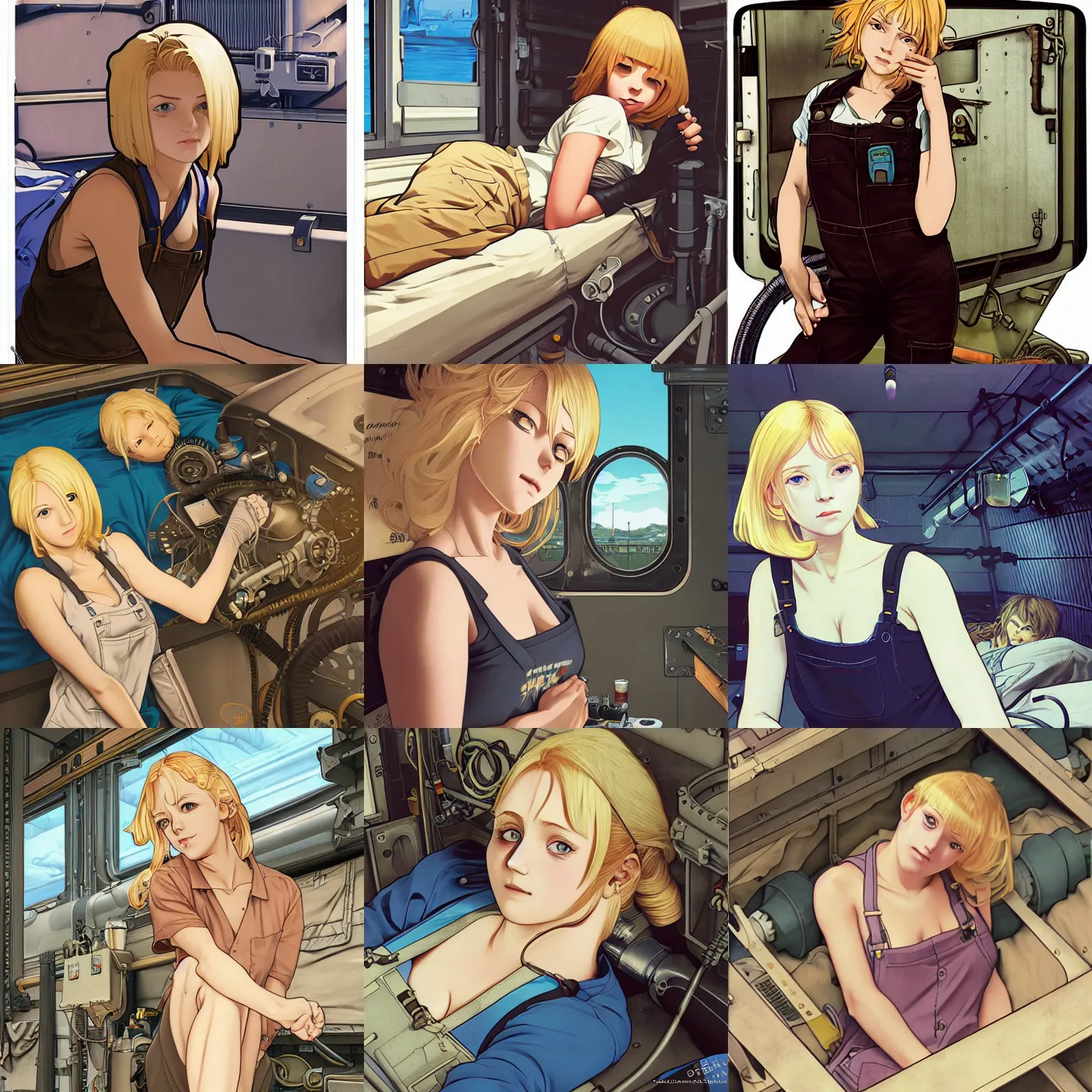 Prompt: portrait of a mechanic lying in her cramped and dimly lit bunk, blonde, tank top, overalls, steampunk, defined face by ilya kuvshinov, highly detailed, cel shading, digital painting, anime key visual, artwork by hayao miyazaki and alphonse mucha