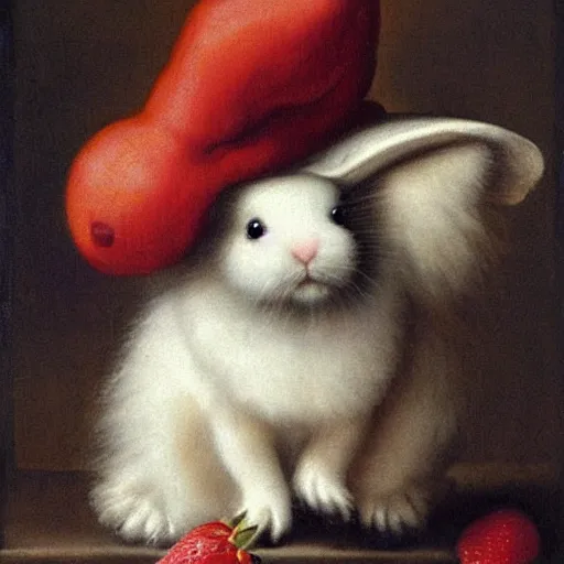 Prompt: a baroque painting of a fluffy white rabbit wearing a hat wasting a strawberry