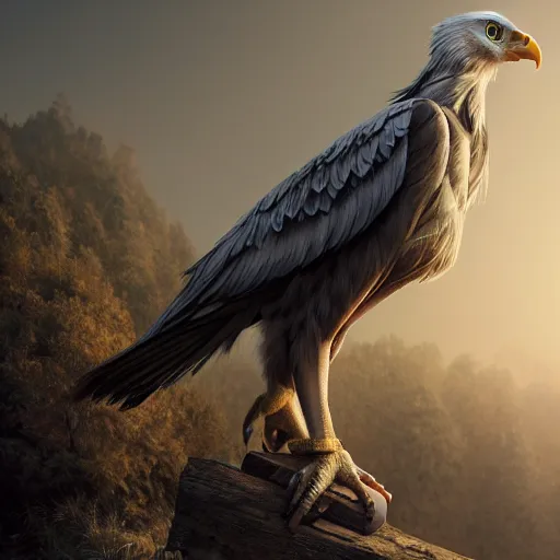 Prompt: hybrid human eagle!, realistic, 8 k, extremely detailed, cgi, trending on artstation, hyper - realistic render, 4 k hd wallpaper, premium prints available, octane render, award winning, by greg rutkowski