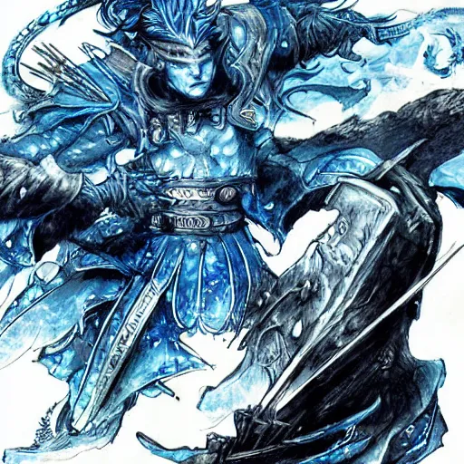 Prompt: a handsome magic swordsman with blue skin glides through a beautiful battlefield magic the gathering dramatic esoteric pen and ink illustrated in high detail by Yoshitaka Amano