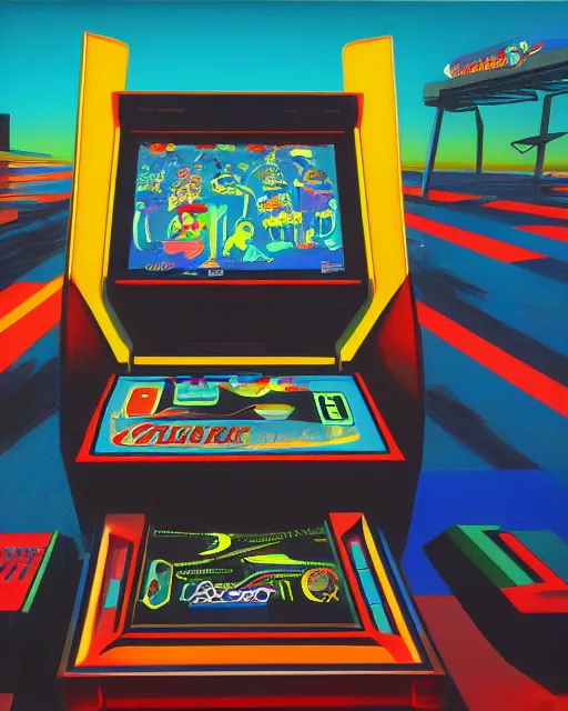 Prompt: arcade start screen. 8 0 s era technology, vintage shapes, retro technology, vintage color, wayne barlow, oil on canvas, deep depth of field, masterpiece, cinematic composition, hyperdetailed
