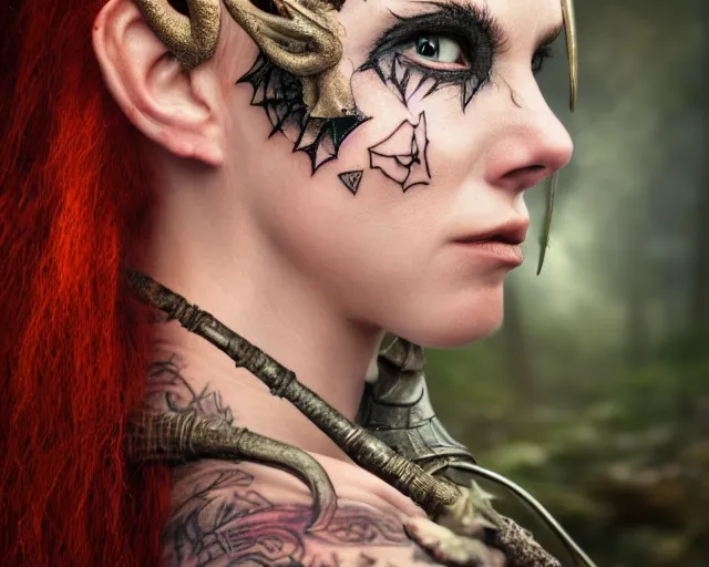 Image similar to 5 5 mm portrait photo of an armored gorgeous anesthetic redhead woman warrior with a face tattoo and horns growing from her head, in a magical forest in the style of stefan kostic, art by luis royo. highly detailed 8 k. intricate. lifelike. soft light. nikon d 8 5 0. cinematic post - processing