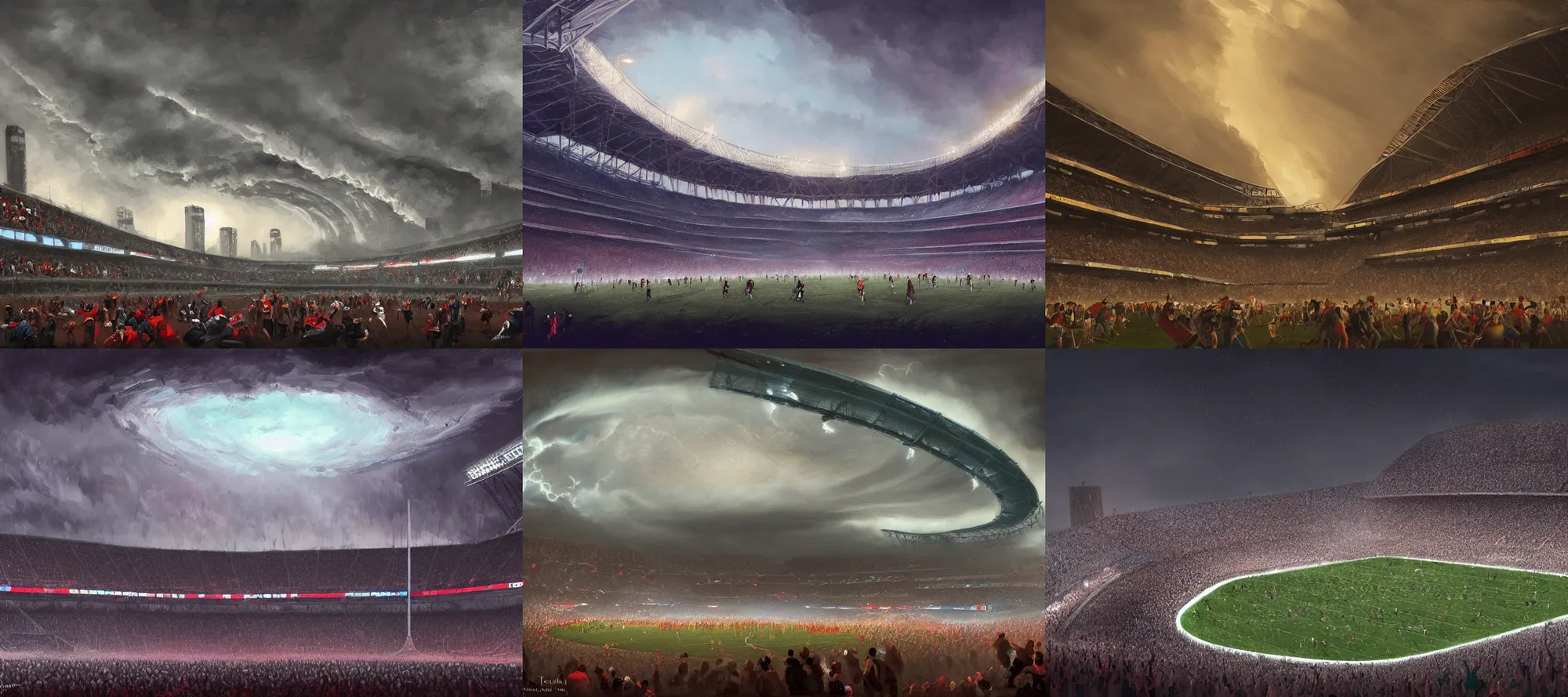 Prompt: stadium full of people, tornado twister, by raphael lacoste, night, low angle, artstation