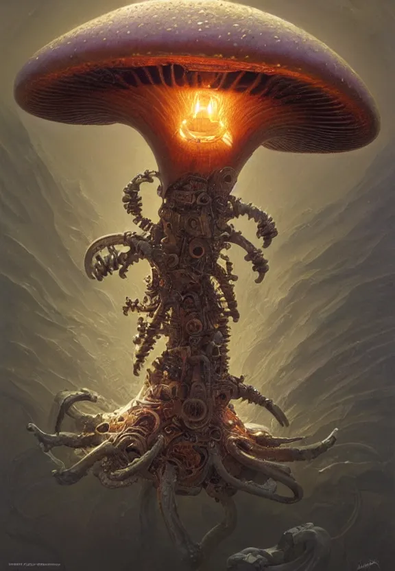 Prompt: perfectly centered portrait, front view of a biomechanical alien robot mushroom, symmetrical, concept art, intricate detail, volumetric shadows and lighting, realistic oil painting by tim hildebrandt and greg rutkowski,