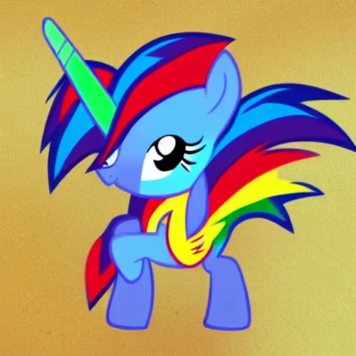 Prompt: My Little Pony. Rainbow Dash holds a Rubik Cube in her paws
