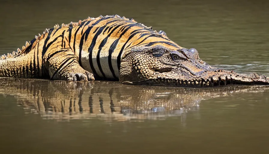 Image similar to an alligator tiger!!! hybrid! hyper realistic!! realistic lighting!! wildlife photographer of the year!!! bold natural colors, national geographic, hd, wide angle, 8 k