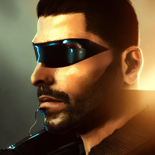 Prompt: Adam Jensen from Deus Ex as Gigachad, by Cedric Peyravernay, highly detailed, surrealism, excellent composition, cinematic concept art, dramatic lighting, trending on ArtStation