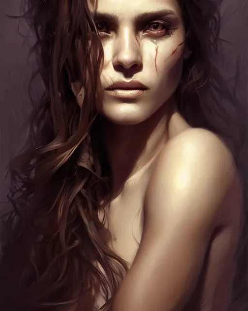 Image similar to epic portrait cinematic shot an woman with a face of a skull, creepy, flowing brown hair, shiny skin, beautiful, fine details. night setting. realistic shaded lighting poster by craig mullism, artgerm, jeremy lipkin and michael garmash, unreal engine, radiant light, detailed and intricate environment, digital art, trending on art station,