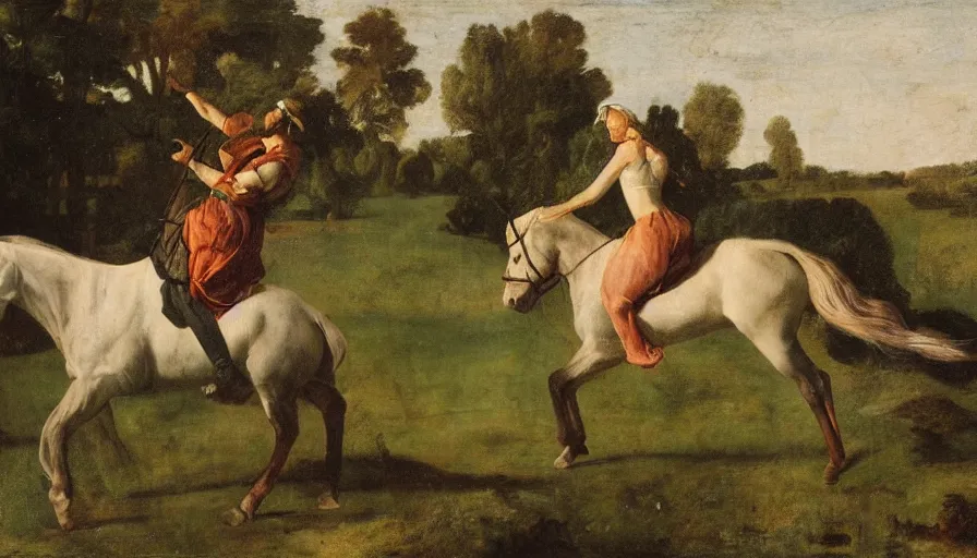 Image similar to pulling the iridescent horse Artax from a dreary swamp, in the style of Artemisia Gentileschi