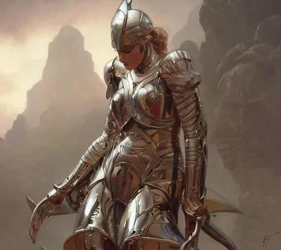 Image similar to photography girl warrior armour, chrome, deep focus, intricate, elegant, highly detailed, digital painting, artstation, concept art, matte, sharp focus, illustration, art by artgerm and greg rutkowski and alphonse mucha and gil elvgren