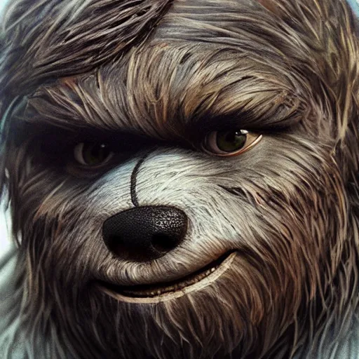 Image similar to hyperrealistic mixed media image of matt damon disguised as an ewok, stunning 3 d render inspired art by istvan sandorfi and greg rutkowski, perfect facial symmetry, realistic, highly detailed attributes and atmosphere, dim volumetric cinematic lighting, 8 k octane extremely hyper - detailed render, post - processing, masterpiece,