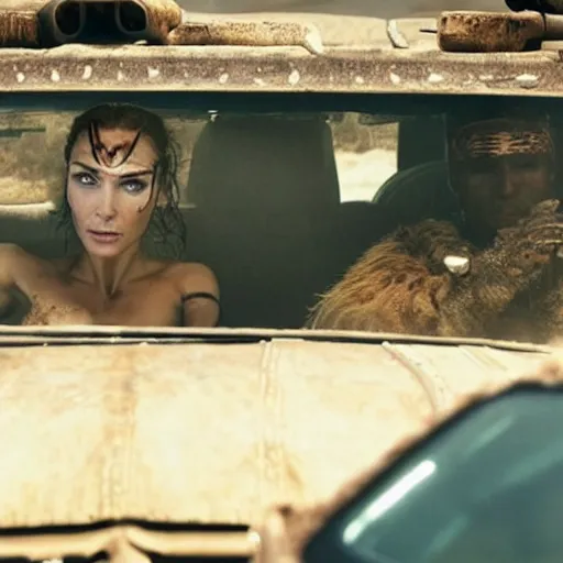 Image similar to a film still from the movie mad max fury road of the anthropomorphic cheetah raiders driving around in the post apocalyptic wasteland gal gadot