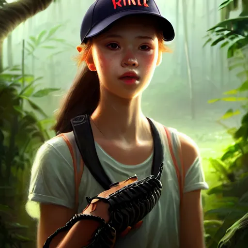 Prompt: portrait of cute young girl, wearing baseball cap, lonely, jungle clothing, survivor, jungle setting, bokeh, sharp focus, character art, illustration, digital painting, trending on artstation, greg rutkowski.