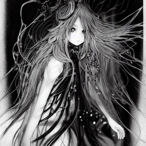 Image similar to yoshitaka amano blurred and dreamy illustration of an anime girl with black eyes, wavy white hair fluttering in the wind wearing elden ring armor and crown with engraving, highly detailed face, abstract black and white patterns on the background, noisy film grain effect, highly detailed, renaissance oil painting, weird portrait angle, blurred lost edges, three quarter view