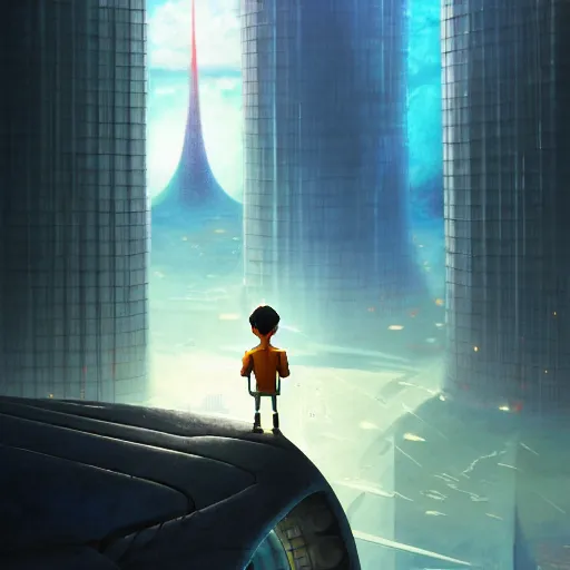 Prompt: film poster, novel cover art for a book, an adventurous boy and his small robot friend, futuristic city backgrond, eleborate composition with foreground and background, depth of field, fantasy illustration by tomoyuki yamasaki, kyoto studio, don bluth, madhouse, ufotable, square enix, cinematic lighting, trending on artstation