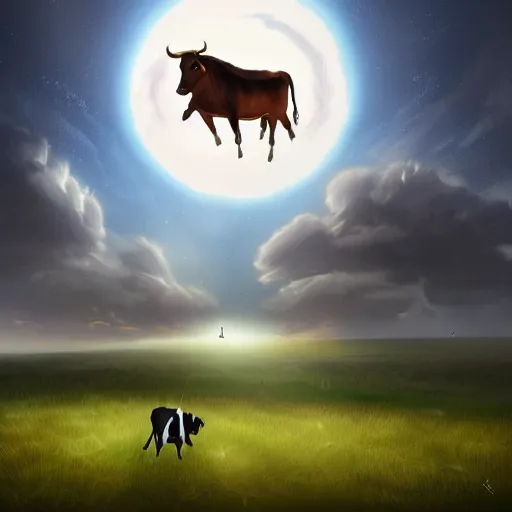 Image similar to digital art painting of a UFO abducting a cow in an empty field, mysterious, sci fi, alien, extraterrestrial, trending on artstation cgsociety,