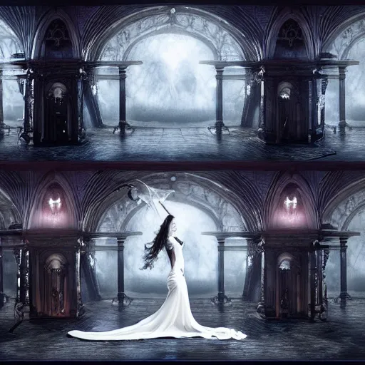 Image similar to digital matte painting of daenerys targaryen dancing alone in a dark gothic style ballroom, detailed face dark dramatic mysterious style of luis royo, 8 0 mm camera, high detail, hd 8 k