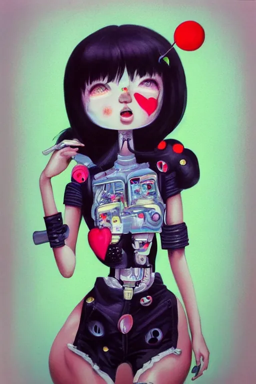 Prompt: pop surrealism, lowbrow cute girl painting, hyper realism, robotic girl, japanese street fashion