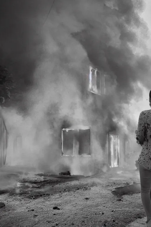 Image similar to Gregory Crewdson Phography, A woman walks calmly while her house is on fire