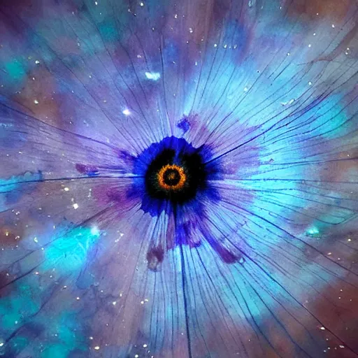 Image similar to detailed, intricate blue black and purple papaverum flower on the field, nebula in the sky