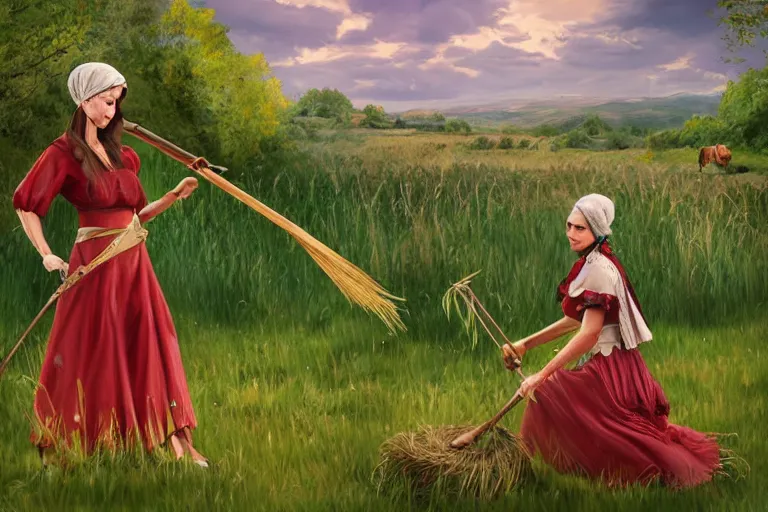 Prompt: concept art romanian woman with scythe, mowing of the hay, drmatic ligthing, traditional romanian clothes, artdtation beautiful