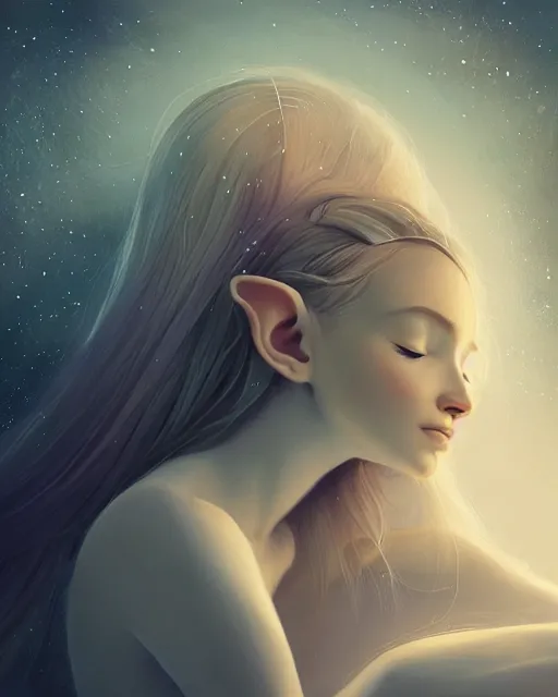 Image similar to beautiful painting of a elven sleeping on her bed, poster art by mor than, cgsociety, space art, sci - fi, cosmic horror, sense of awe, art by mike winkelmann, sky night, illustration, highly detailed, simple, smooth and clean vector curves, no jagged lines, vector art, smooth, artstation