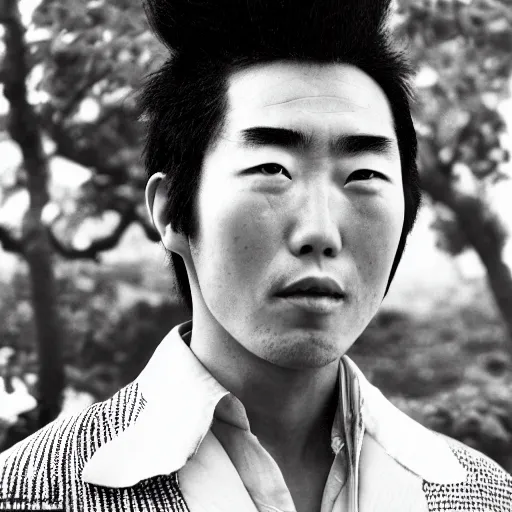 Image similar to A portrait of an A Japanese man with a black power hairstyle, photo made by Slim Aarons, award winning, closeup