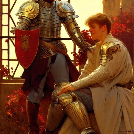 Image similar to attractive arthur pendragon and his attractive male knight, they are in love, natural lighting, path traced, highly detailed, high quality, digital painting, by gaston bussiere, craig mullins, alphonse mucha j. c. leyendecker