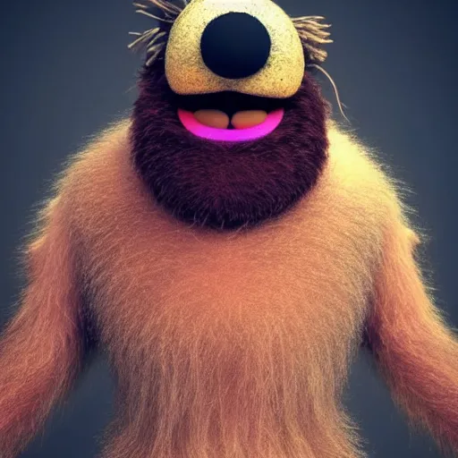 Image similar to a still of a forgotten muppet character looking very manly and modern, hilarious, laughing, hairy chest, huge chin, manly monster tough guy, roughled fur, photo real, photographic, photograph, artstation, trending, featured