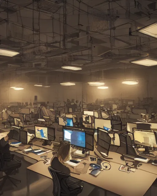 Image similar to call center in the style of the tv show, hyper realistic, ambient lighting, concept art, intricate, hyper detailed, smooth, volumetric lighting, octane