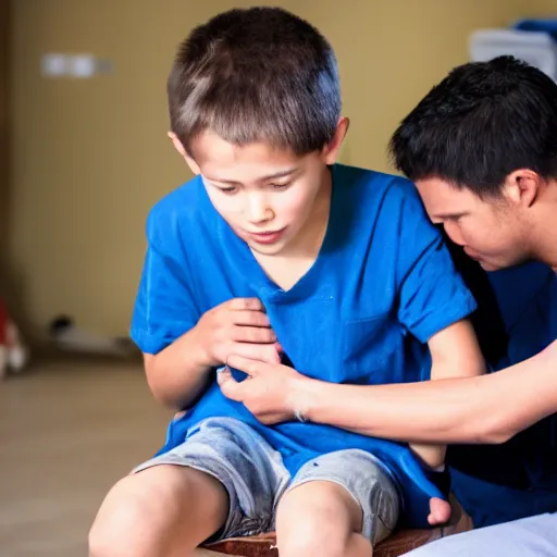 Image similar to a kid healing a mans wound, the man is sitting on a wooden chair