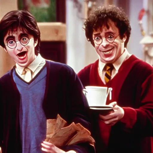 Image similar to harry potter starring in Seinfeld, screenshot, dinner with Elaine