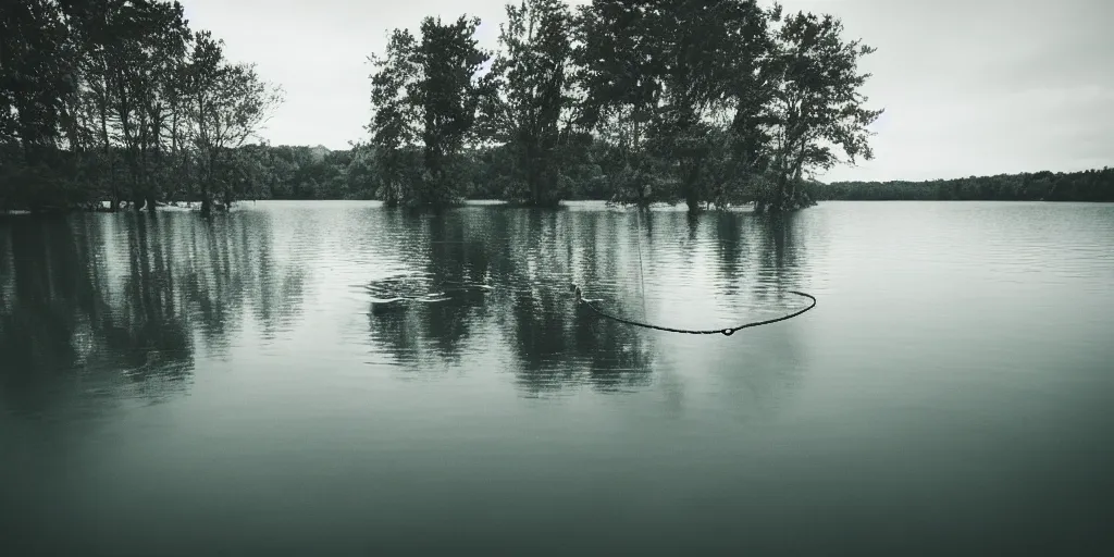 Image similar to symmetrical photograph of an infinitely long rope submerged on the surface of the water, the rope is snaking from the foreground towards the center of the lake, a dark lake on a cloudy day, trees in the background, moody scene, dreamy anamorphic lens