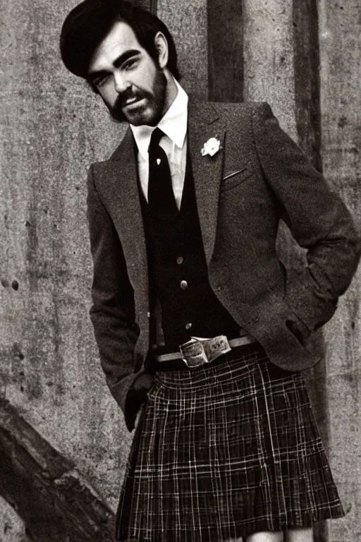 Prompt: “portrait of a young Sean Connery, impeccably dressed, wearing a kilt, 1970s, by Robert McGinnis”