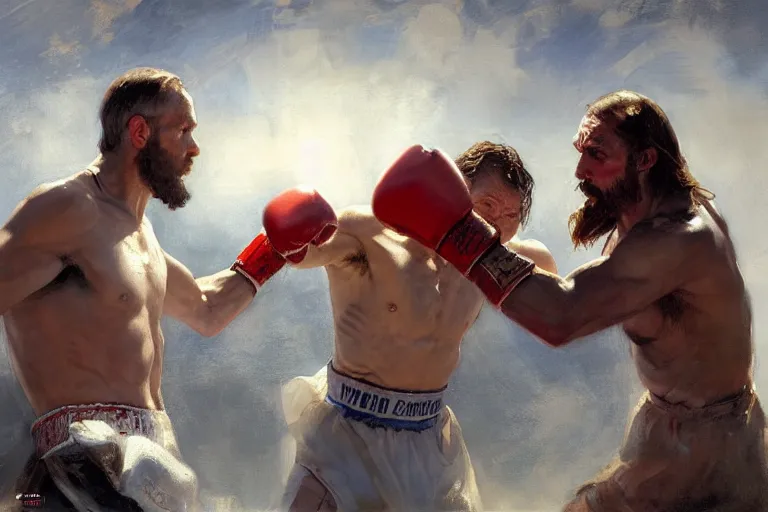 Image similar to ancient, jesus christ boxing with vladimir putin, fist fight, detailed faces, in battle by anders zorn, wonderful masterpiece by greg rutkowski, beautiful cinematic light, by greg manchess, jessica rossier