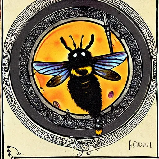 Prompt: a ritual spell with a bumblebee at the middle of a bullseye, fantasy illustration, art nouveau