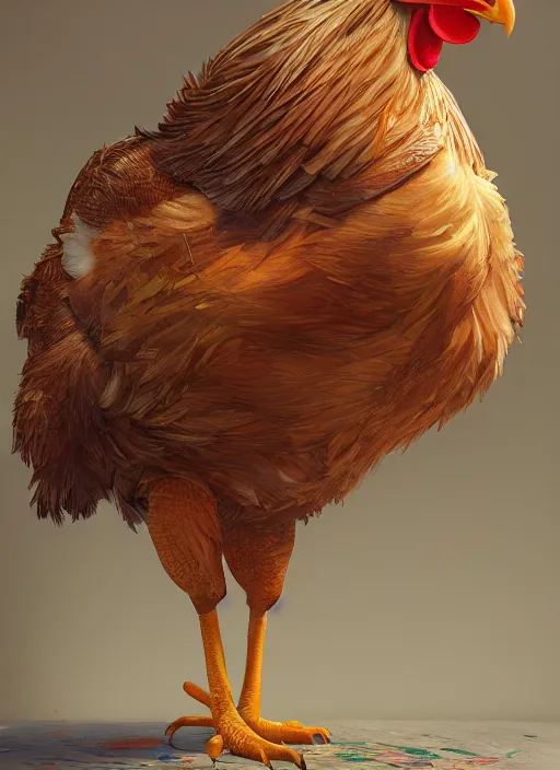 Image similar to chicken, hyper detailed, digital art, trending in artstation, cinematic lighting, studio quality, smooth render, unreal engine 5 rendered, octane rendered, art style by klimt and nixeu and ian sprigger and wlop and krenz cushart.