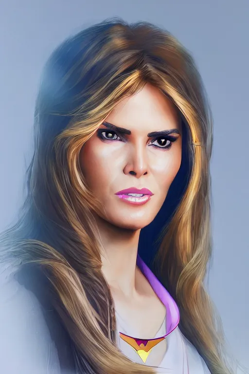 Prompt: portrait of a mix of young maria shriver, mariel hemmingway, melania trump and elle macpherson as superwoman, thin lips, hair tied up in a pony tail, colorful artstation, cgsociety