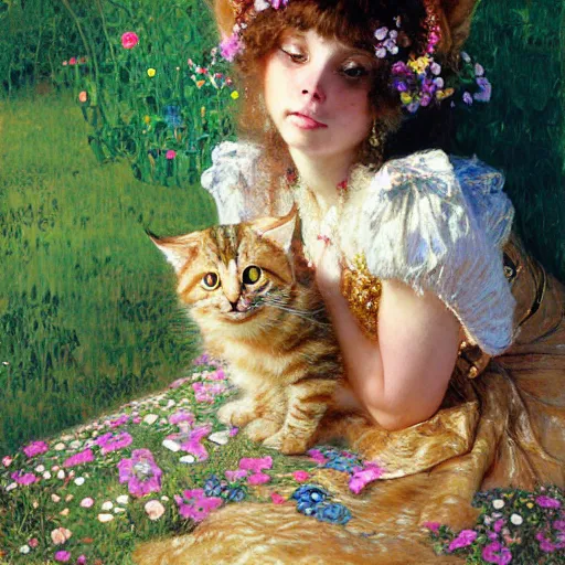 Image similar to portrait of a furry fluffy female tabby cat in a cute floral dress. 1 9 th century furaffiniy fantasy highly detailed painting by gaston bussiere craig mullins jc leyendecker gustav klimt artgerm greg rutkowski john berkey, bergey, craig mullins, ruan jia, raymond swanland, jeremy mann, tom lovell, alex malveda