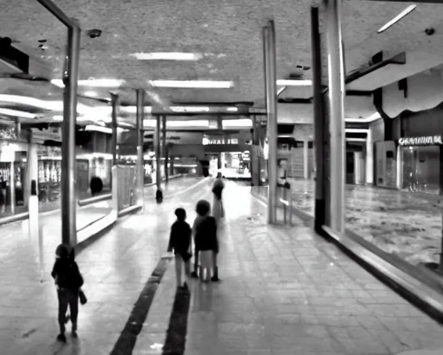 Prompt: camera footage of a Robot hunting people in an abandoned shopping mall, high exposure, dark, monochrome, camera, grainy, CCTV, security camera footage, timestamp, zoomed in, fish-eye lense, Robot, Drone, Intense, Darpa,