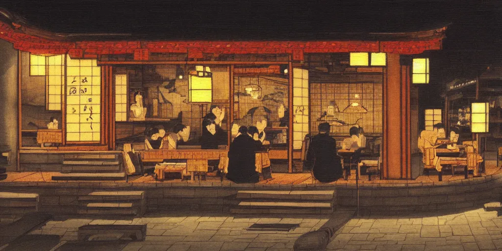 Image similar to A Japanese cafe in the style of the Nighthawk painting, highly detailed, mysterious atmosphere