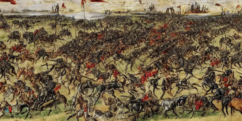 Image similar to medieval battlefield filled with cavalry fleeing from monster trucks