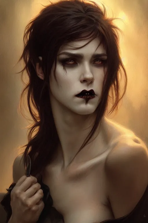 Image similar to photorealistic portrait of a young butch vampire woman, handsome, female, masculine, upper body, fantasy, fierce, sharp features, intricate, elegant, highly detailed, digital painting, artstation, concept art, matte, sharp focus, illustration, art by artgerm and greg rutkowski and alphonse mucha