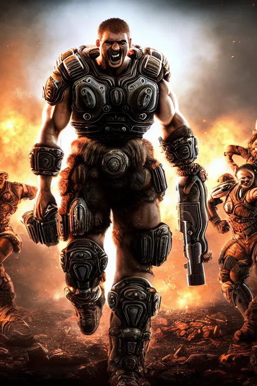 Image similar to Jordan B. Peterson as a muscular Gears of War character laughing, photorealism, half body, HDR ambient background, unreal engine 5, hyperrealistic, highly detailed, XF IQ4, 150MP, 50mm, F1.4, ISO 200, 1/160s, cinematic lights, Adobe Lightroom, photolab, Affinity Photo, PhotoDirector 365, realistic