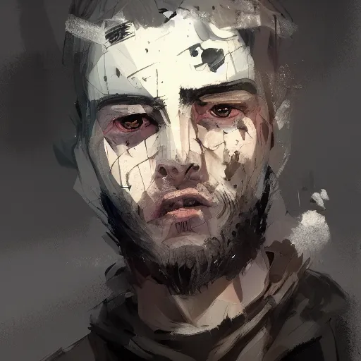 Image similar to human male character portrait, by Ismail Inceoglu, black hair, beard, scars, dark eyes, shabby clothes, art, dungeons and dragons, digital art