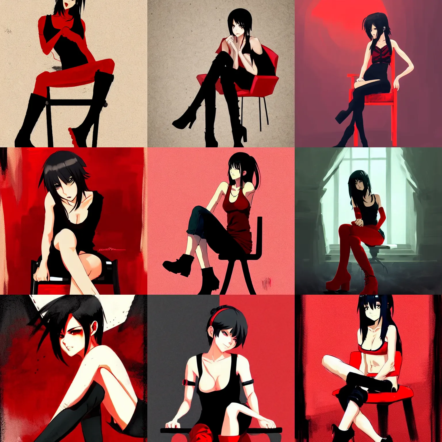 Prompt: sexy girl with black hair, wearing a low cut tanktop and boots, sitting in a chair, red and black color palette, in the style of greg rutkowski, high quality anime artstyle, intricate